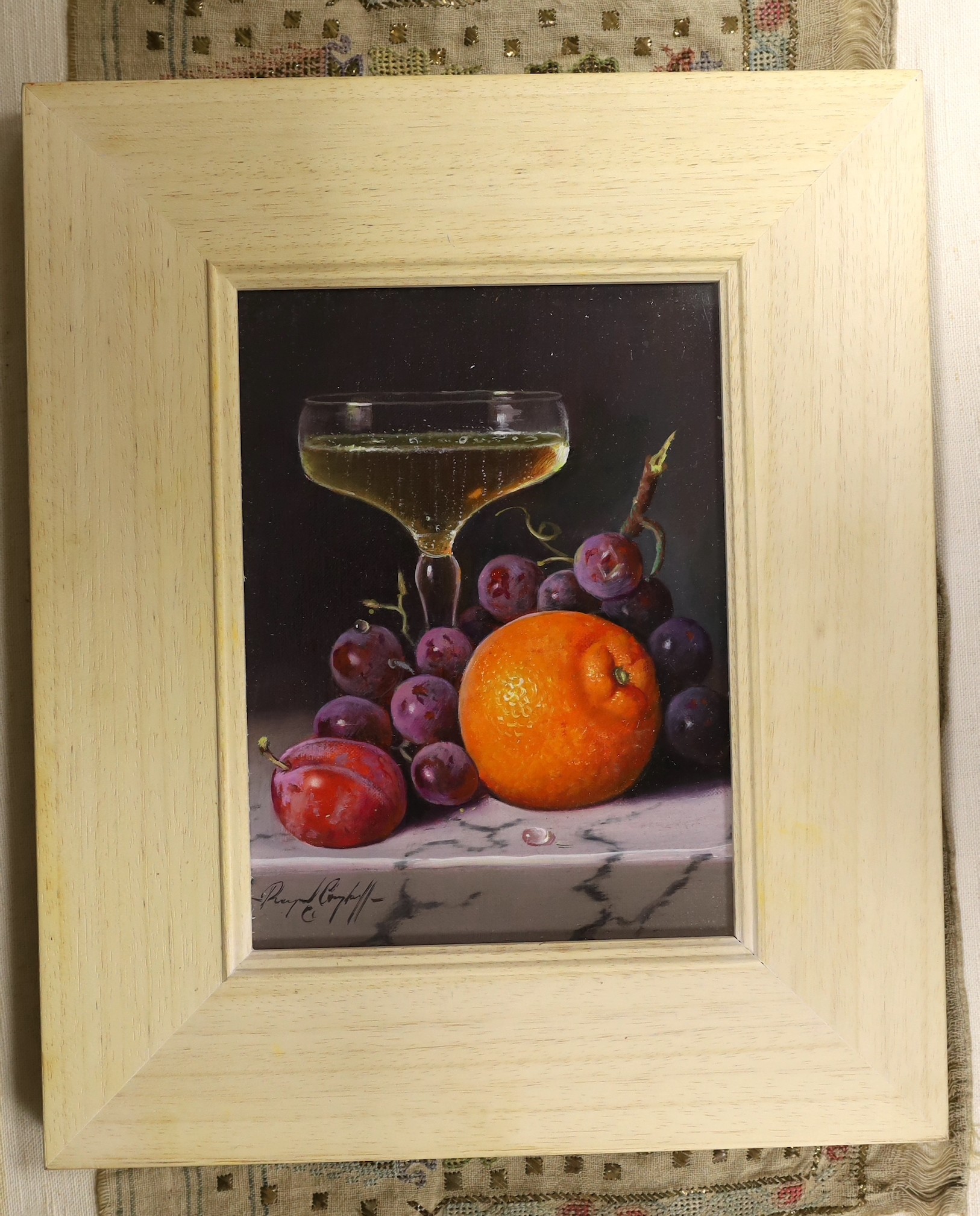 Raymond Campbell (b.1956), oil on canvas, 'Glass with orange and fruit', signed, 22 x 17cm